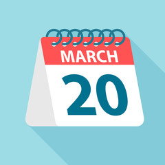 March 20 - Calendar Icon. Vector illustration of one day of month. Calendar Template