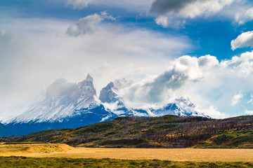 Landscape with snow capped Cuernos Del Paine mountain at Torres del Paine National Park in Southern Chilean Patagonia