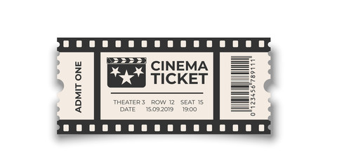 White cinema ticket with barcode template isolated on white background. Vector design element. - obrazy, fototapety, plakaty