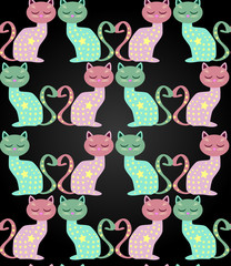 Cute seamless background with funny cats and flowers in cartoon style