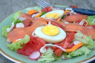 Fototapeta na wymiar assiette fraîche de salade aux saumon ,plat d'été