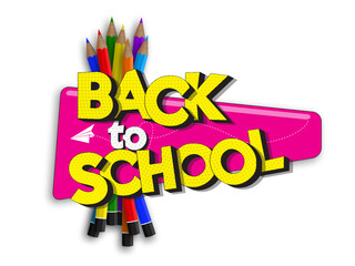 Back to school banner sale with comic text and color pencils isolated on white background. Vector illustration.