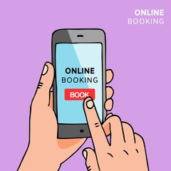 Hand holding smartphone with book button on screen. Concept of online booking mobile application. Reservation of hotel, flight, car, tickets in internet. Finger touching mobile phone. Vector