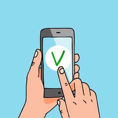 Smartphone payment banner vector illustration. Hands holding mobile phone. Quick money transfer. Business purchasing. E-wallet. Confirmation of service. Green tick on screen.