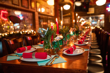table with tableware at the bar is beautifully set with red candles and for a night celebration...