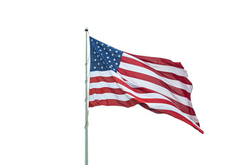 United States flag on a pole waving isolated on white background.