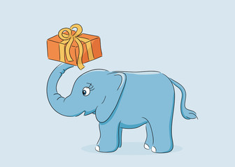 cute baby elephant holding a gift box with his trunk