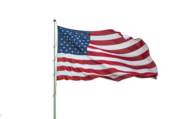 United States flag on a pole waving isolated on white background.