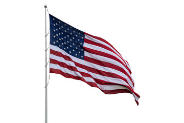 United States flag on a pole waving isolated on white background.