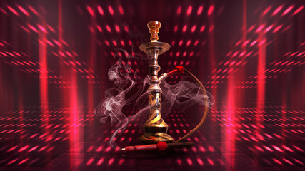 Hookah smoke on a dark abstract background. Background of empty scenes with red neon lights,...