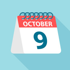 October 9 - Calendar Icon. Vector illustration of one day of month. Calendar Template