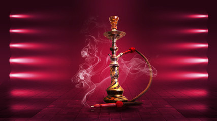 Hookah smoke on a dark abstract background. Background of empty scenes with red neon lights, reflection of night lights on wet pavement