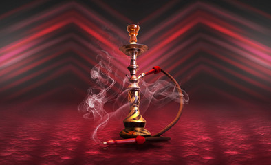 Hookah smoke on a dark abstract background. Background of empty scenes with red neon lights,...