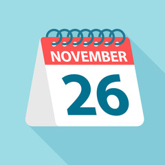 November 26 - Calendar Icon. Vector illustration of one day of month. Calendar Template