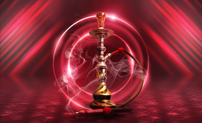 Hookah smoke on a dark abstract background. Background of empty scenes with red neon lights,...
