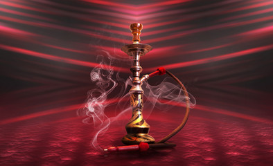 Hookah smoke on a dark abstract background. Background of empty scenes with red neon lights,...