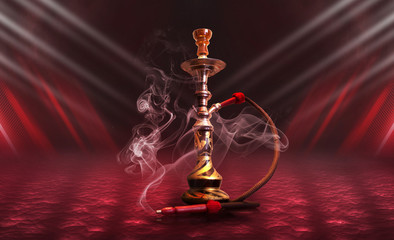 Hookah smoke on a dark abstract background. Background of empty scenes with red neon lights,...