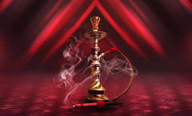 Hookah smoke on a dark abstract background. Background of empty scenes with red neon lights, reflection of night lights on wet pavement