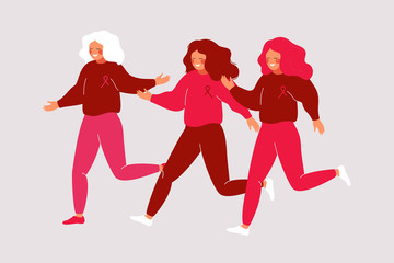Cartoon young women running in a pink dress with ribbons. Charity race runs and fitness walks raises awareness for the breast cancer movement