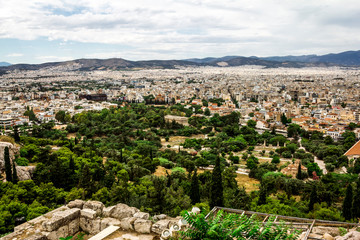 High view of the Temple of Hephaestus and the houses and roofs of Athens