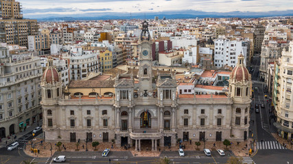 Aerial Panoramic View Of Valencia City In Spain. Beautiful historic city with beautiful  architecture