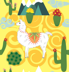 Illustration of seamless pattern with cute cartoon llama alpaca with cactus and design elements on pink background in flat cartoon style.
