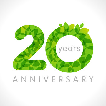 20 th anniversary numbers. 20 years old logotype. Age congrats, congratulation idea with leaves. Isolated abstract graphic design template. Herbal digits, up to 20% percent off discount. Eco label.