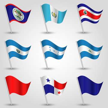 vector set of waving flags central america on silver pole - icon of american states - belize, costa rica, el salvador, guatemala, honduras, nicaragua and panama