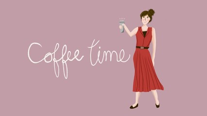 hand draw of woman with red dress holding paper coffee cup