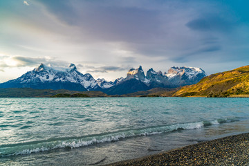 View of Cuernos del Paine mountains and Pehoe Lake in the evening