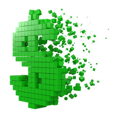 dollar sign shaped data block. version with green cubes. 3d pixel style vector illustration.