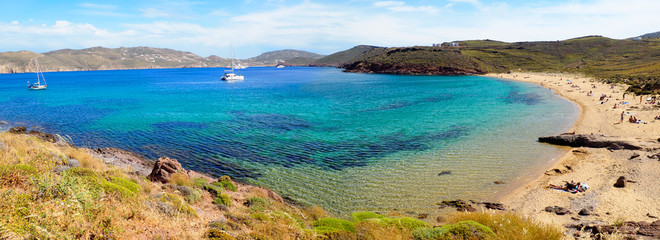 panoramic view of Fokos beach, north of Mykonos, Cyclades island in the heart of the Aegean Sea - obrazy, fototapety, plakaty