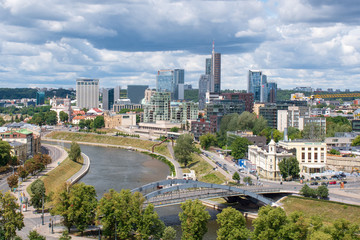 Fototapeta na wymiar Vilnius, capital of Lithuania, scenic aerial panorama of modern business financial district architecture buildings with river and bridge 