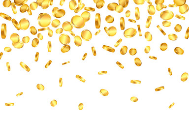 Falling from the top a lot of gold coins on white background. Vector illustration