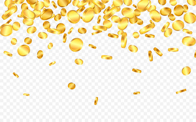 Falling from the top a lot of gold coins on transparent background. Vector illustration