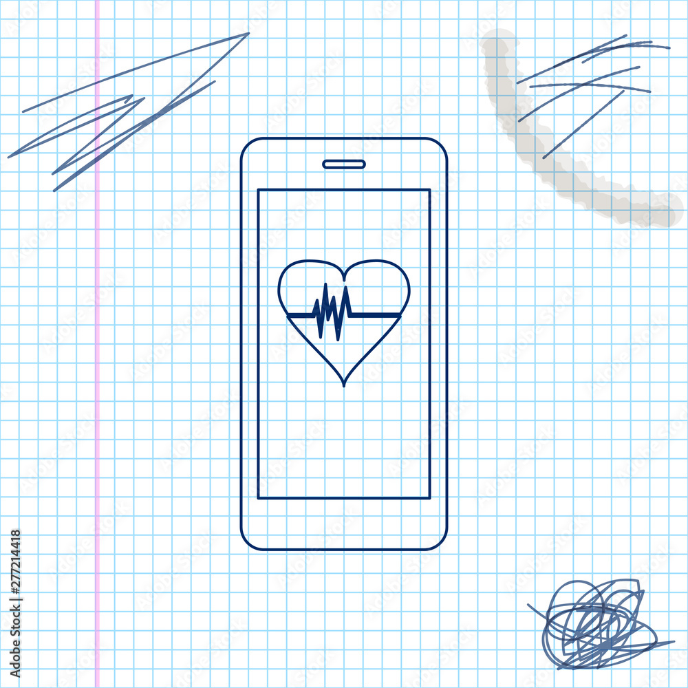 Poster smartphone with heart rate monitor function line sketch icon isolated on white background. vector il