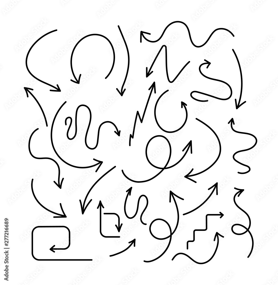 Poster arrows hand drawn. doodle sketchy swirl line arrow pointers and direction scribble vector isolated b