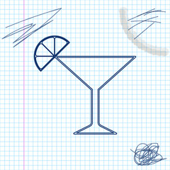 Martini glass line sketch icon isolated on white background. Cocktail with lime symbol. Vector Illustration