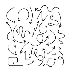 Arrows hand drawn. Doodle sketchy swirl line arrow pointers and direction scribble vector isolated black symbols. Curve arrow wavy, scribble sketchy pointer line illustration