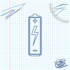 Battery line sketch icon isolated on white background. Lightning bolt symbol. Vector Illustration