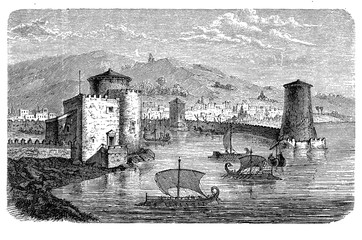 Antiquity: old Mediterranean harbor with fortification and ships