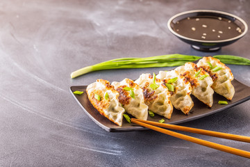 gyoza or dumplings snack with soy sauce