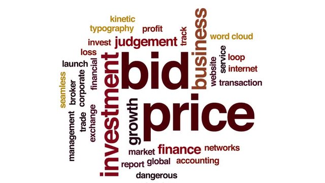 Bid price animated word cloud. Kinetic typography.