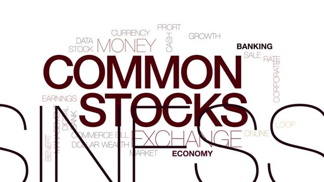 Common stocks animated word cloud. Kinetic typography.