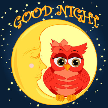 Good night. Card with cute sleeping owl. illustration.