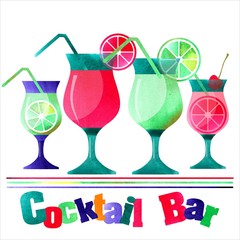 Illustration of Cocktail hand drawn, decorative icons set . Watercolor effects. Cocktail party