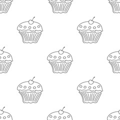 Seamless pattern with outline cupcake and cherry on white background. Sweet food. Vector illustration for design, web, wrapping paper, fabric, wallpaper.