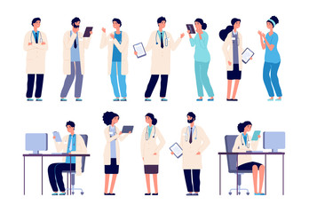 Doctor characters. Medical hospital staff people. Doctor nurse surgeon pharmacist dentist in medic uniform, flat vector set. Illustration of surgeon and pharmacist, medic professional and intern