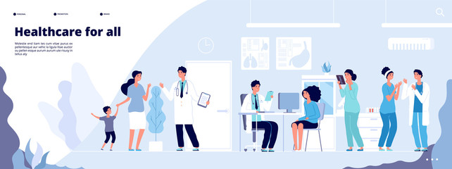 Medical landing page. Online clinical consult with diverse doctors. Healthcare vector concept. Medical doctor, clinic consultation webpage, medicine hospital illustration
