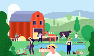 Cartoon farm with farmers. Agricultural workers work with farm animals and equipment in rural scene agriculture vector illustration landscape with pond and barn